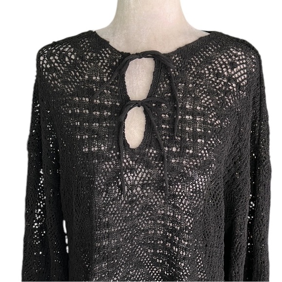 Zara Black Textured Pointelle Knit Double Tie Mini Dress / Tunic Sweater - M - Picture 6 of 16